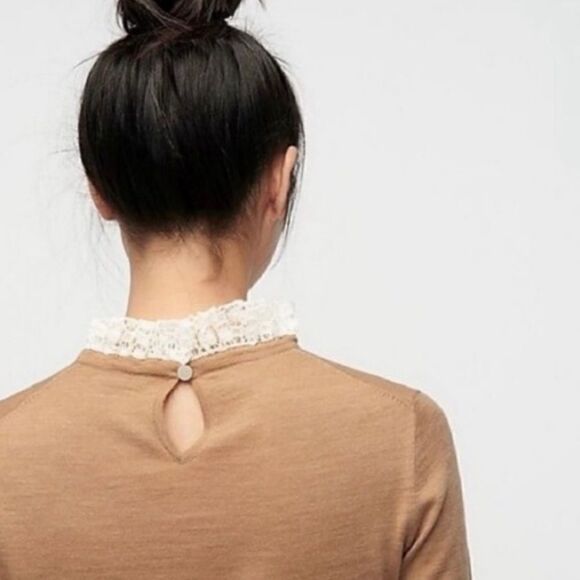 J.Crew Tippi Merino Wool Sweater Lace Collar Details Camel Tan Medium - Picture 2 of 9